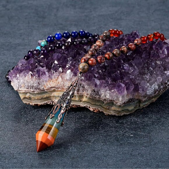 Natural 7 Chakra Mala Beads Necklace with Reiki Crystal Pendant, 108 Beads - Picture 3 of 8